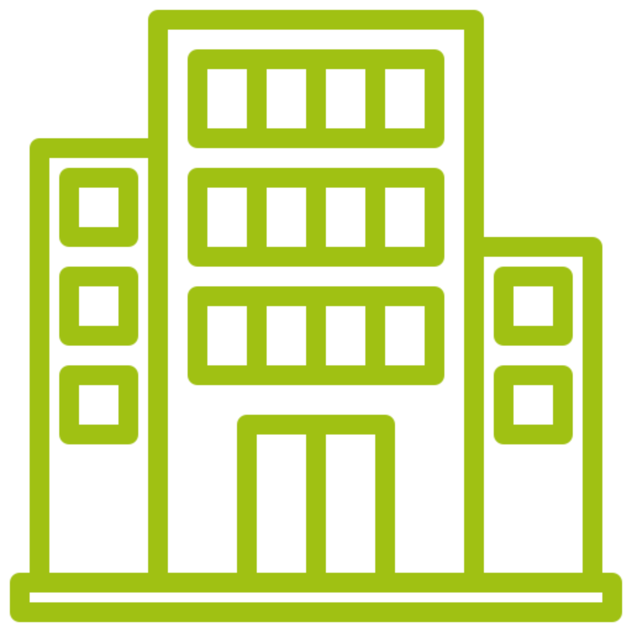 Green outlined multi-story building icon